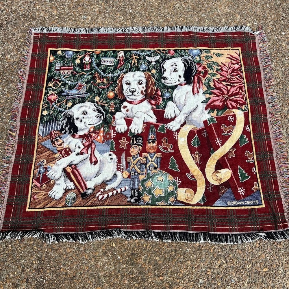 Crown Crafts Christmas Puppies Tapestry Blanket Woven Throw Holiday Nutcracker